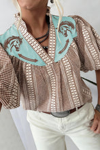 Load image into Gallery viewer, Red Western Pony Embroidered Yoke Puff Sleeve Gingham Blouse
