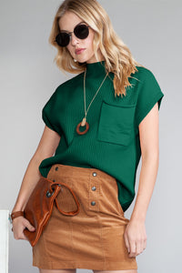 Pocket Ribbed Knit Short Sleeve Sweater