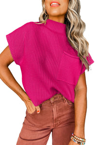 Pocket Ribbed Knit Short Sleeve Sweater