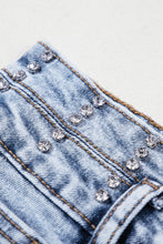 Load image into Gallery viewer, Beau Blue Rhinestone Light Wash Raw Hem High Waist Denim Shorts
