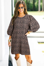 Load image into Gallery viewer, Black Leopard Print Bubble Sleeve Shift Mini Dress
