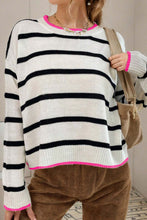 Load image into Gallery viewer, White Stripe Contrast Trim Drop Shoulder Sweater
