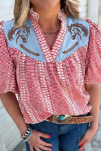 Load image into Gallery viewer, Red Western Pony Embroidered Yoke Puff Sleeve Gingham Blouse
