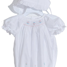 Load image into Gallery viewer, White Geometric Smocked with Flowers Short Sleeve Bubble &amp; Beautiful Bonnet

