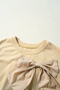 Parchment Ribbon Bow Ruffle Sleeve Round Neck Top