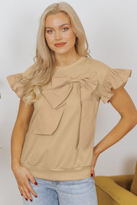 Parchment Ribbon Bow Ruffle Sleeve Round Neck Top