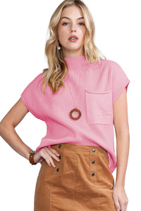 Pocket Ribbed Knit Short Sleeve Sweater
