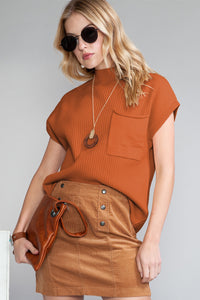 Pocket Ribbed Knit Short Sleeve Sweater
