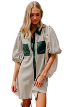 Load image into Gallery viewer, Green Patch Pockets Button Down Short Puff Sleeve Dress
