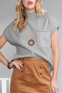 Pocket Ribbed Knit Short Sleeve Sweater