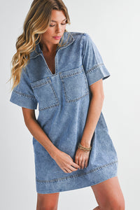 Beau Blue Short Sleeve Collared Chest Pocket Denim Mini Dress