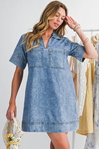Beau Blue Short Sleeve Collared Chest Pocket Denim Mini Dress