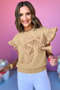 Parchment Ribbon Bow Ruffle Sleeve Round Neck Top