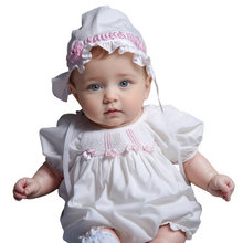 Load image into Gallery viewer, White Smocked Short Sleeve Bubble with Pink Ribbon and Bonnet
