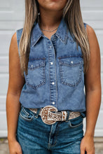 Load image into Gallery viewer, Dusk Blue Buttoned Front Collared Sleeveless Denim Vest
