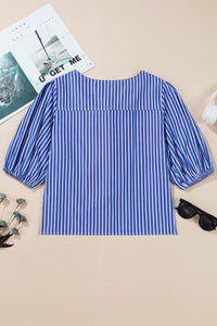 Blue Stripe Bow Front Puff Short Sleeve Blouse
