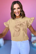 Load image into Gallery viewer, Parchment Ribbon Bow Ruffle Sleeve Round Neck Top
