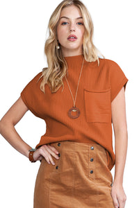 Pocket Ribbed Knit Short Sleeve Sweater