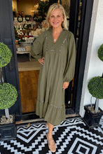 Load image into Gallery viewer, Green Collared V Neck Smocked Detail Contrast Leopard Trim Long Dress
