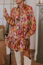 Load image into Gallery viewer, Brown Floral Print Shirt Style Long Sleeve Ruffle Mini Dress
