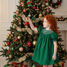 Load image into Gallery viewer, Green Geometric Smocked Short Sleeve Dress with Pearl Details
