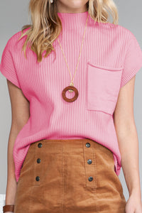 Pocket Ribbed Knit Short Sleeve Sweater