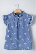 Load image into Gallery viewer, Blue Frilled Collar Flutter Sleeve Denim Top
