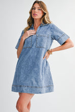 Load image into Gallery viewer, Beau Blue Short Sleeve Collared Chest Pocket Denim Mini Dress
