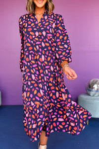 Blue Abstract Print Collared Tiered Flowy Maxi Dress