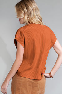Pocket Ribbed Knit Short Sleeve Sweater