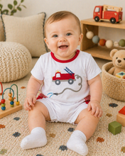 Load image into Gallery viewer, Petit Ami Fire Truck Applique Knit Romper
