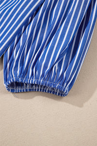 Blue Stripe Bow Front Puff Short Sleeve Blouse