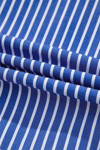 Blue Stripe Bow Front Puff Short Sleeve Blouse