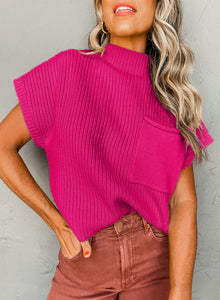 Pocket Ribbed Knit Short Sleeve Sweater