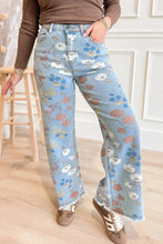 Load image into Gallery viewer, Sky Blue Floral Printed Raw Hem Shift Jeans

