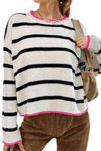Load image into Gallery viewer, White Stripe Contrast Trim Drop Shoulder Sweater
