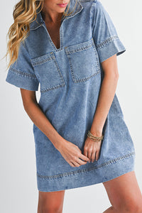 Beau Blue Short Sleeve Collared Chest Pocket Denim Mini Dress