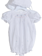 Load image into Gallery viewer, White Geometric Smocked with Flowers Short Sleeve Bubble &amp; Beautiful Bonnet
