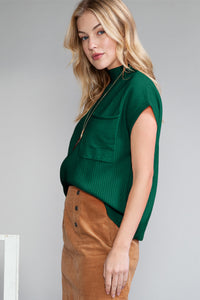 Pocket Ribbed Knit Short Sleeve Sweater