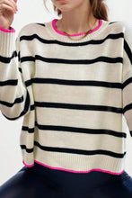 Load image into Gallery viewer, White Stripe Contrast Trim Drop Shoulder Sweater
