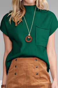 Pocket Ribbed Knit Short Sleeve Sweater