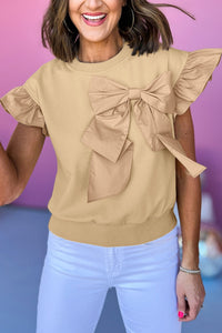 Parchment Ribbon Bow Ruffle Sleeve Round Neck Top