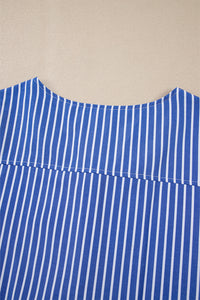 Blue Stripe Bow Front Puff Short Sleeve Blouse