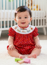 Load image into Gallery viewer, Red Colorful Polka Dot Hand-Smocked Bubble Featuring CAROUSEL HORSES
