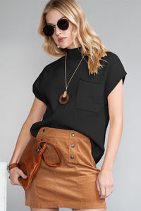 Pocket Ribbed Knit Short Sleeve Sweater