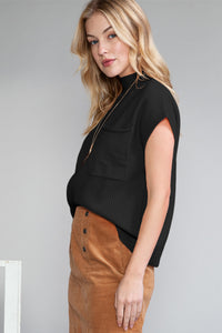 Pocket Ribbed Knit Short Sleeve Sweater