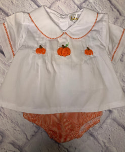 Fall French Knot Orange and White Pumpkin Diaper Set