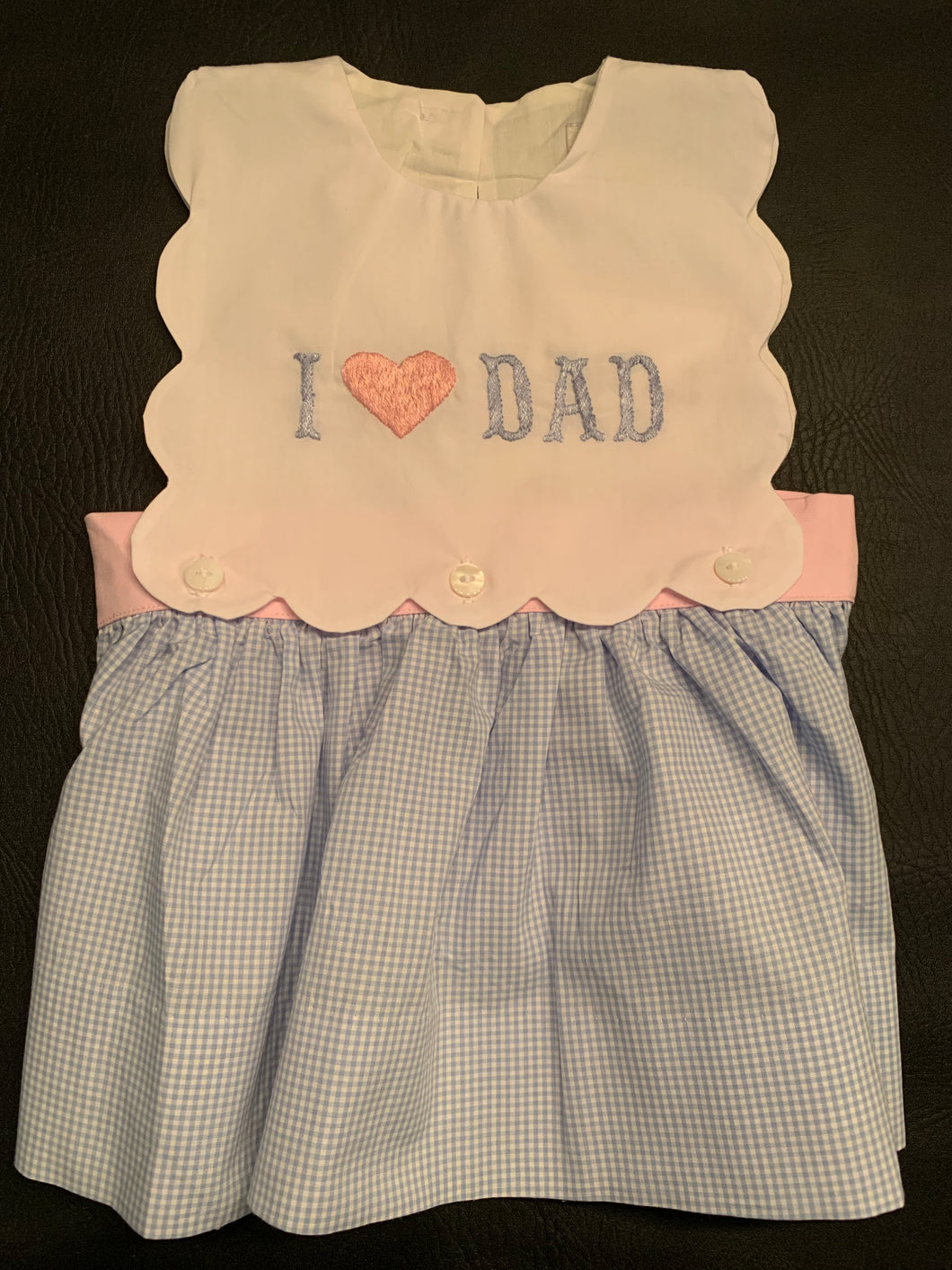 I Love DAD Blue Micro Gingham Dress with Button on Bib